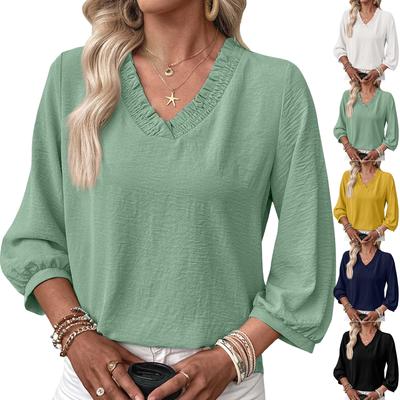 Top Casual Holgado de Color con Cuello en V y Volantes para Mujer