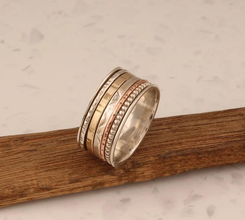 Ručně vyrobený designový prsten Spinner Band, stříbro 925, masivní prsten, unisex prsten, Statement Ring, Party Ring,