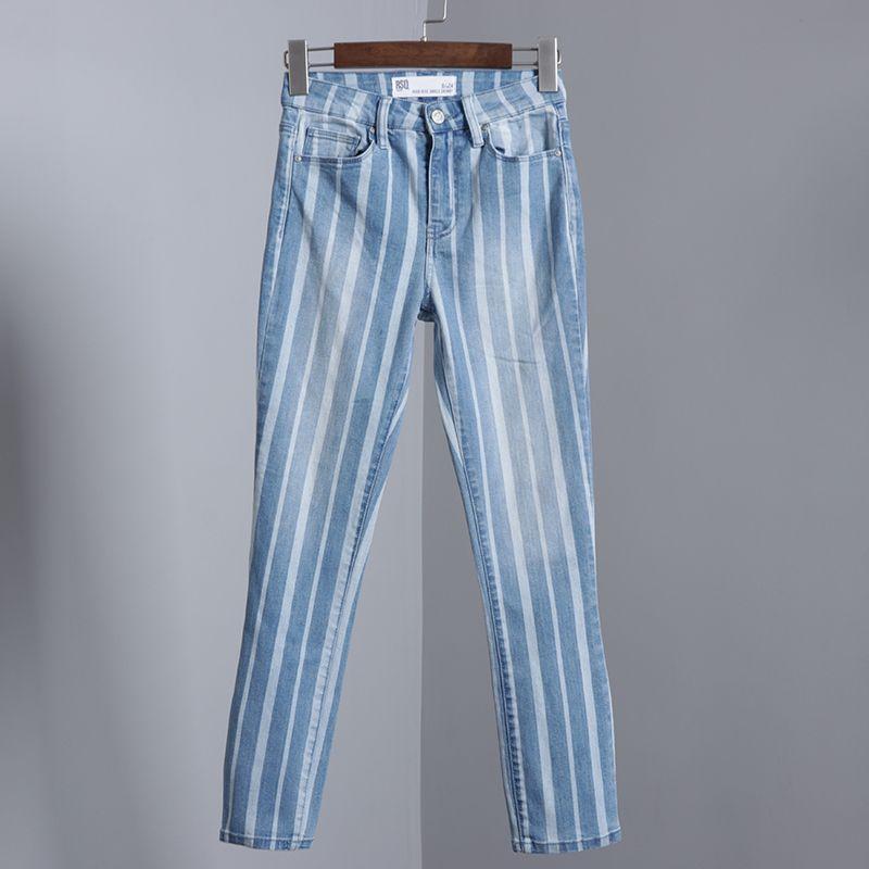 

Женские сине-белые полосатые джинсы с высокой посадкой, оригинальный заказ внешней торговли Blue and White 7/28