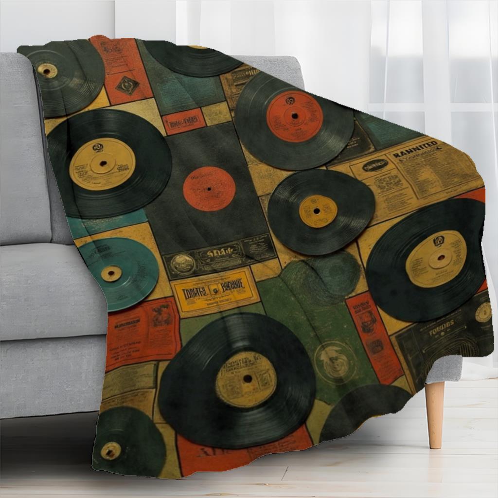 Vintage Vinyl Record Retro Music Flannel Throw, Multicolored Records Soft for Couch Bed, Great Gift for Music Lovers