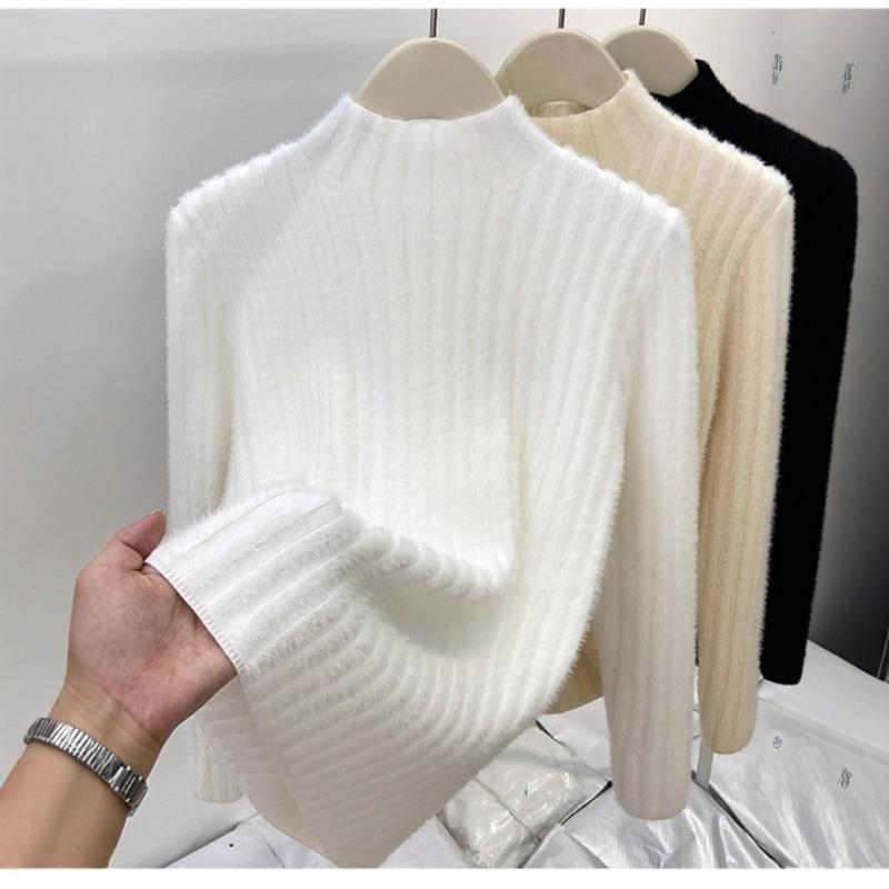 Weicher wachsiger und sanfter Pullover Damen Herbst und Winter Neu Nerzfleece gestrickter Halbrollkragen mit Plüsch Unterhemd