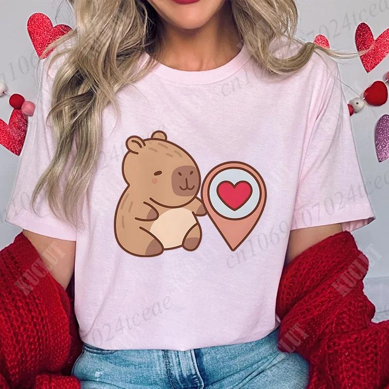 Love Heart Capybara Female Clothing Casual Tshirt Women Summer Harajuku Shirts Cute Graphic Tops Fashion Valentines Day Tees
