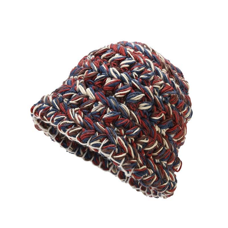 Mixed Color Thick Stick Needle Hand-knitted Wool Bucket Hat Women's Autumn and Winter Thickened Warm Hemming Basin Hat