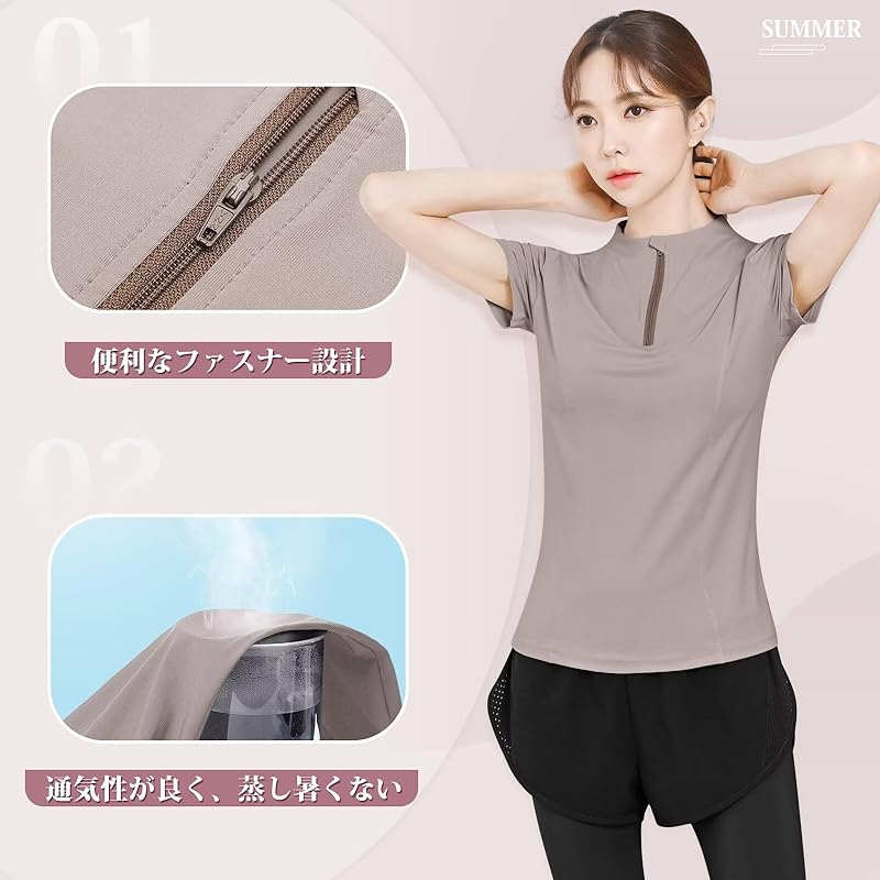 [Rovidorx] Yoga Wear Tops Half Zip Shirt Short Sleeve T-shirt Ladies Sports Training Running Wear Golf Wear Tennis Wear Sportswear Pilates Wear Gym