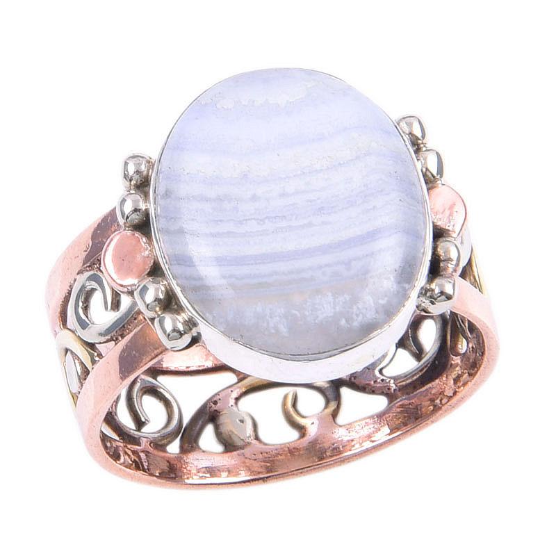 Natural Blue Lace Agate Gemstone 925 Sterling Silver Two Tone Ring Size 10 E7Z22
