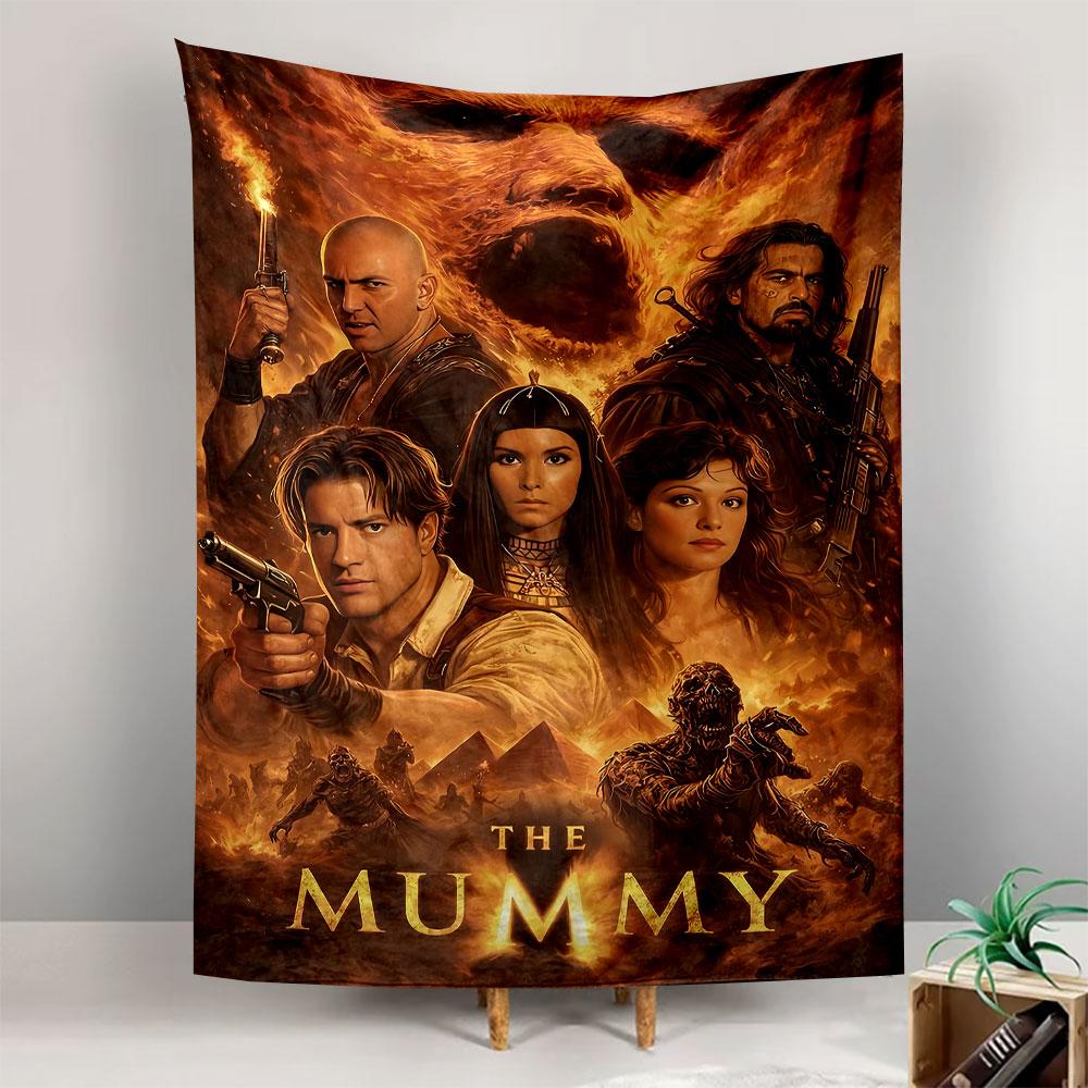 A fiery scene with characters, a large face in flames, and a mummy theme. Patterned tapestry for bedroom and living room home decor