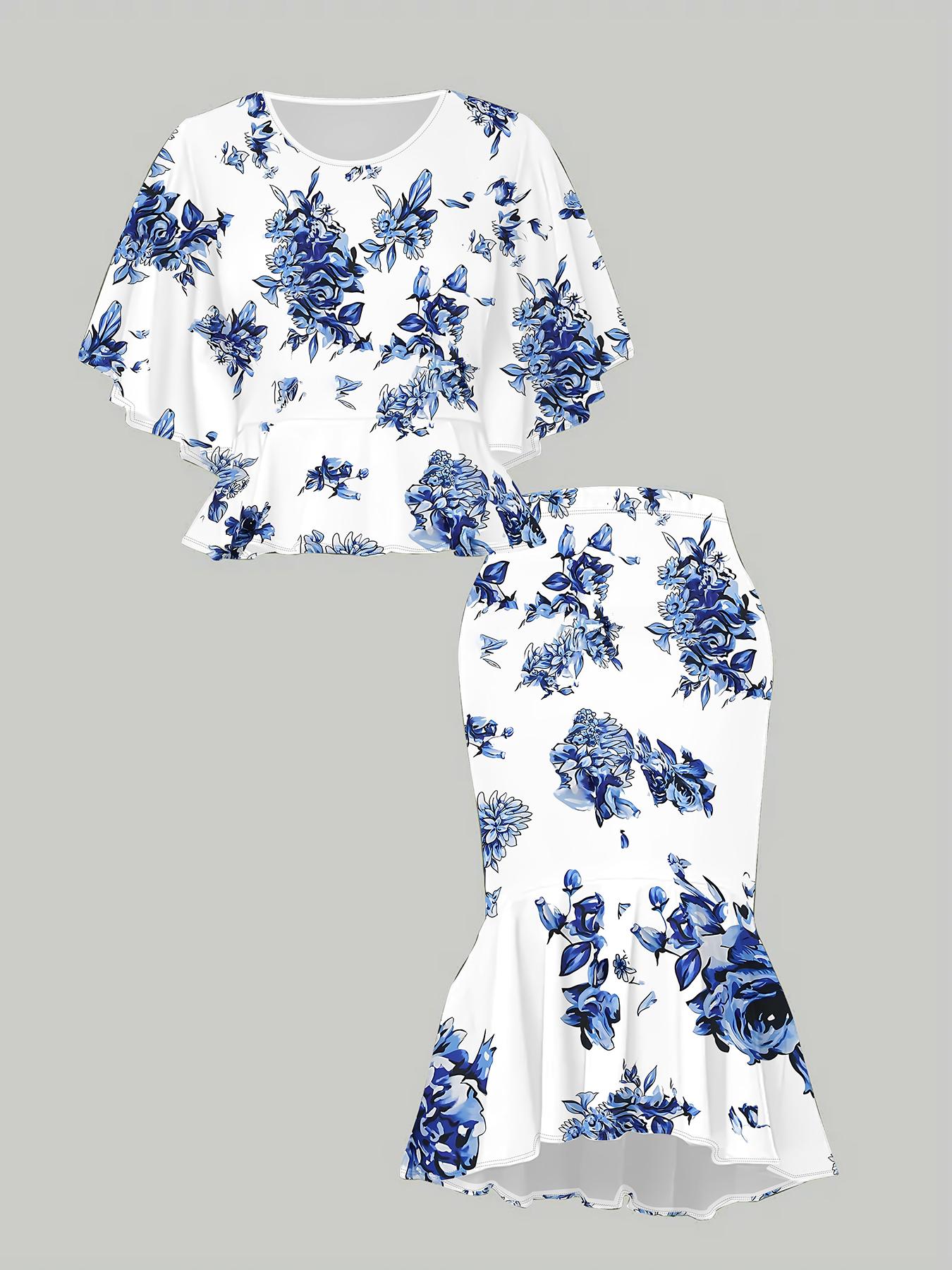 

Классический тотемный женский принт с 3D-цветами, Модный большого размера, Элегантный, Универсальный для всех сезонов. Футболка, Юбка и Комплект 6XL темно-синий