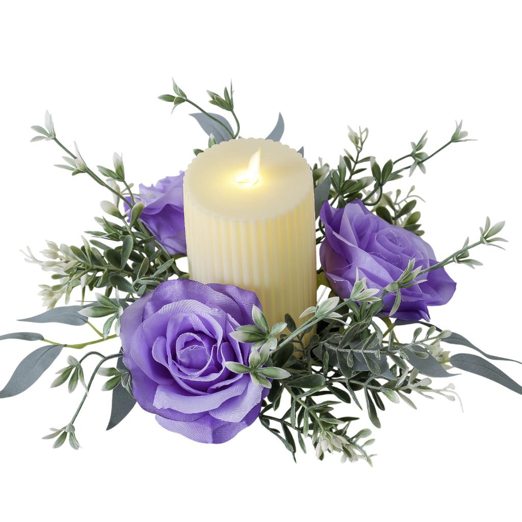 Artificial Rose Candle Ring Pillar Candles Greenery Flower Wreath Seasonal Candle Ring For Wedding Centerpiece Holiday Decor