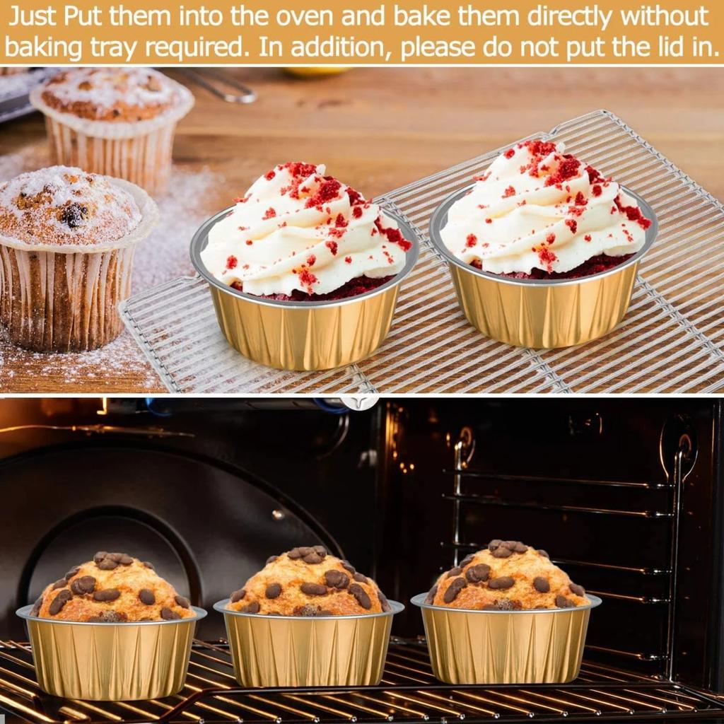 Dessert Cups With Lids, 50 Pieces Gold Aluminum Foil Baking Cup Holders, Cupcake Baking Practical Ramekins Transparent Pudding Cups