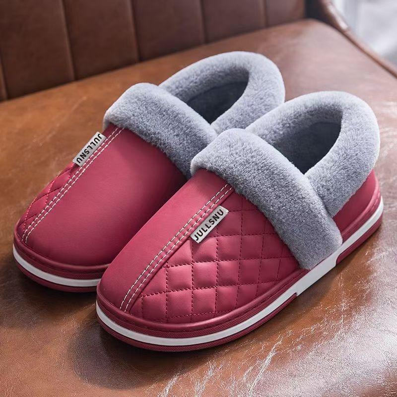 Waterproof Bag and Outer Wear Leather Cotton Shoes, Home Thick-soled Warm Winter Non-slip Cotton Slippers for Men and Women