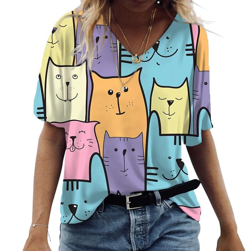 Magliette da donna 3d con scollo a V Stampa grafica gatti carini Manica corta Estiva Moda Kawaii Magliette casual Abbigliamento femminile divertente