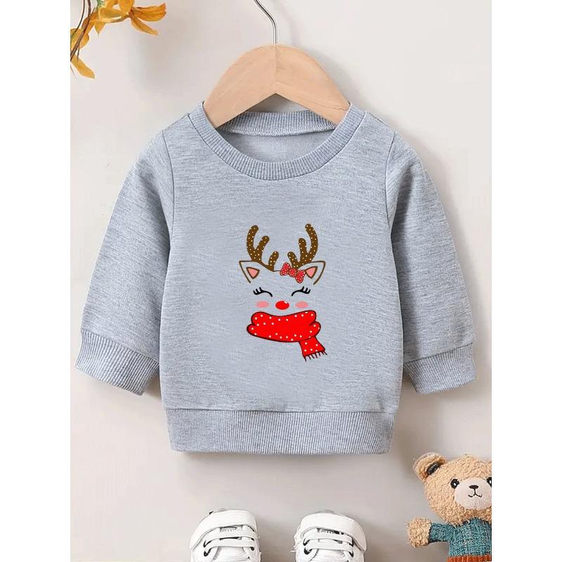 European Size Christmas Reindeer Print, Comfortable And Easy Round-Neck Sweatshirt for Baby unisexs in Spring And Autumn