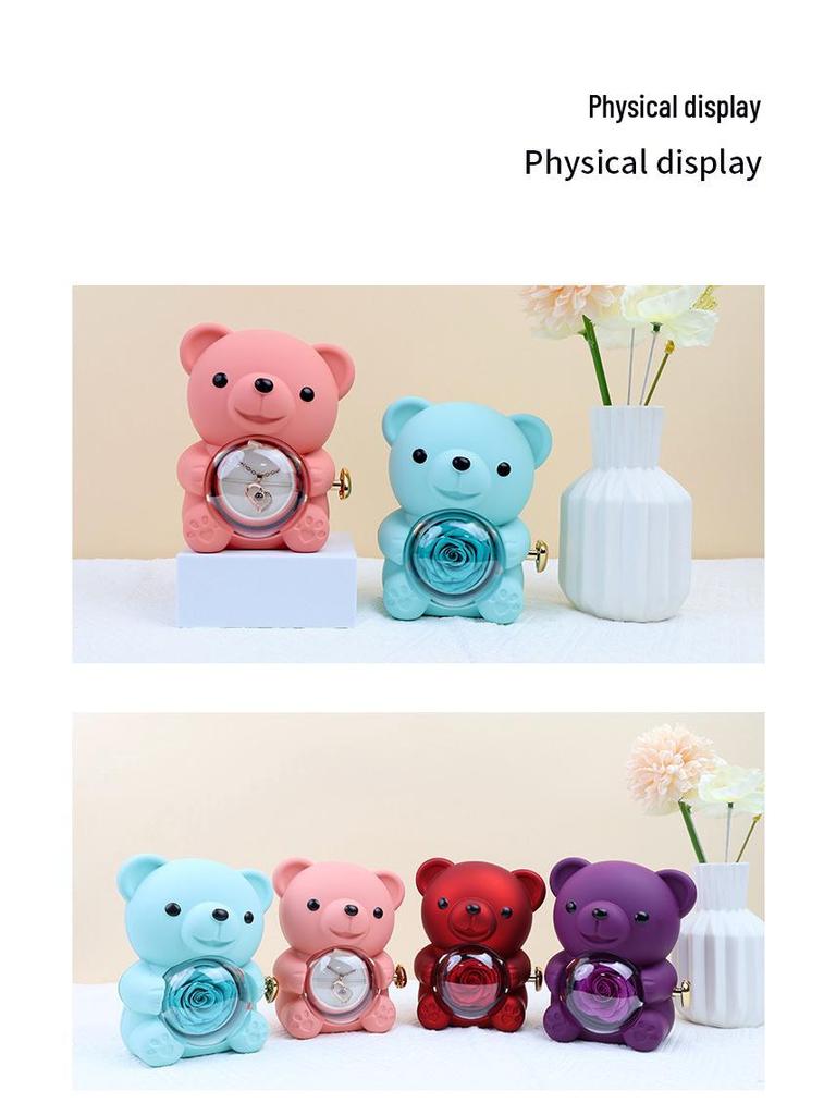 Rotating Acrylic Jewelry Box with Teddy Bear & Eternal Rose for Valentine's Day