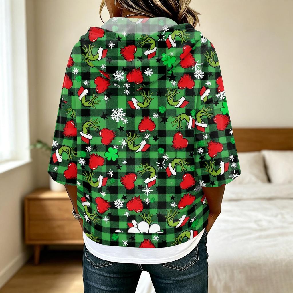 Women's Casual 3/4 Sleeve Christmas Print Hooded T-Shirt Top