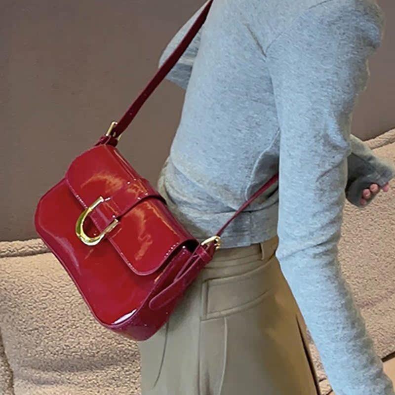Burgundy Glossy Shoulder Bag for Women New Vintage Hasp Design Soft Leather Handbags Ladies Fashion Crossbody Bags