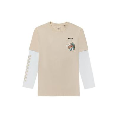 American Vintage Color Block Fun Print Casual Loose Long Sleeve T-Shirt Unisex Tops Oatmeal VN0A5H9N2N1