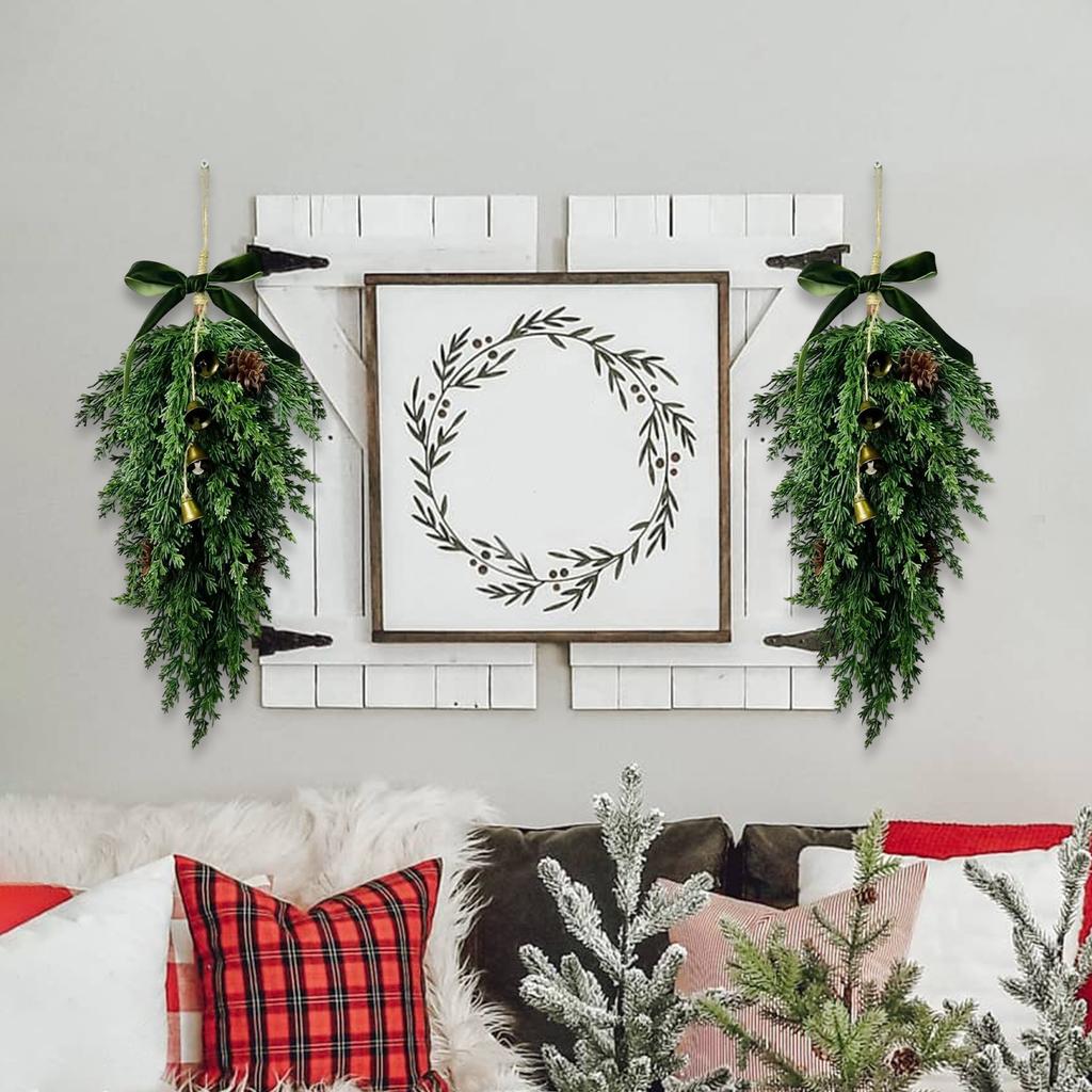 Hanging Swag with Pinecones and Ribbon Natural Evergreen Branches Decorative Door or Wall Arrangement for Home Office