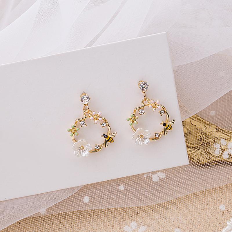 Women's Elegant Bee Flower Circle Painting Oil Rhinestone Animal Stud Earrings New Trend Girls Party Wedding Jewelry Brincos