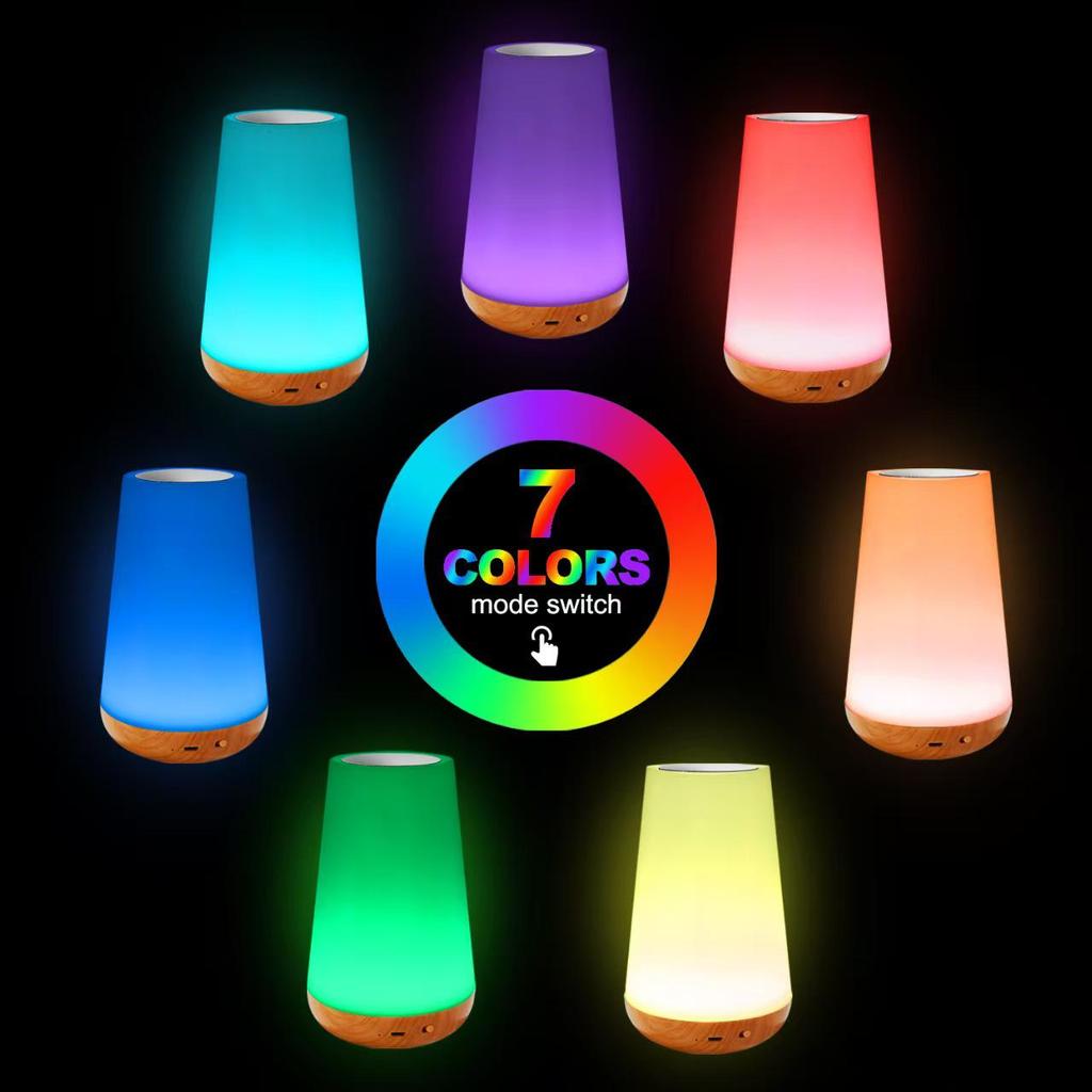 Wood Grain Touch Remote Bedside Table Lamp - 13-Color Night Light with Tap Control