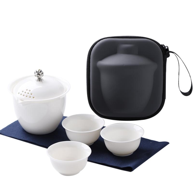 Travel Tea Set Lambswool Jade Covered Bowl One Pot Three Cups Kung Fu Tea Set Portable Brewing Tea Cup Companion Gift
