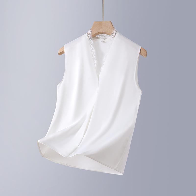 Black Spring/Summer Satin Lace Trim Vest – Slimming Women s Elegant Layered Top 2XL (116-124 lbs) белый
