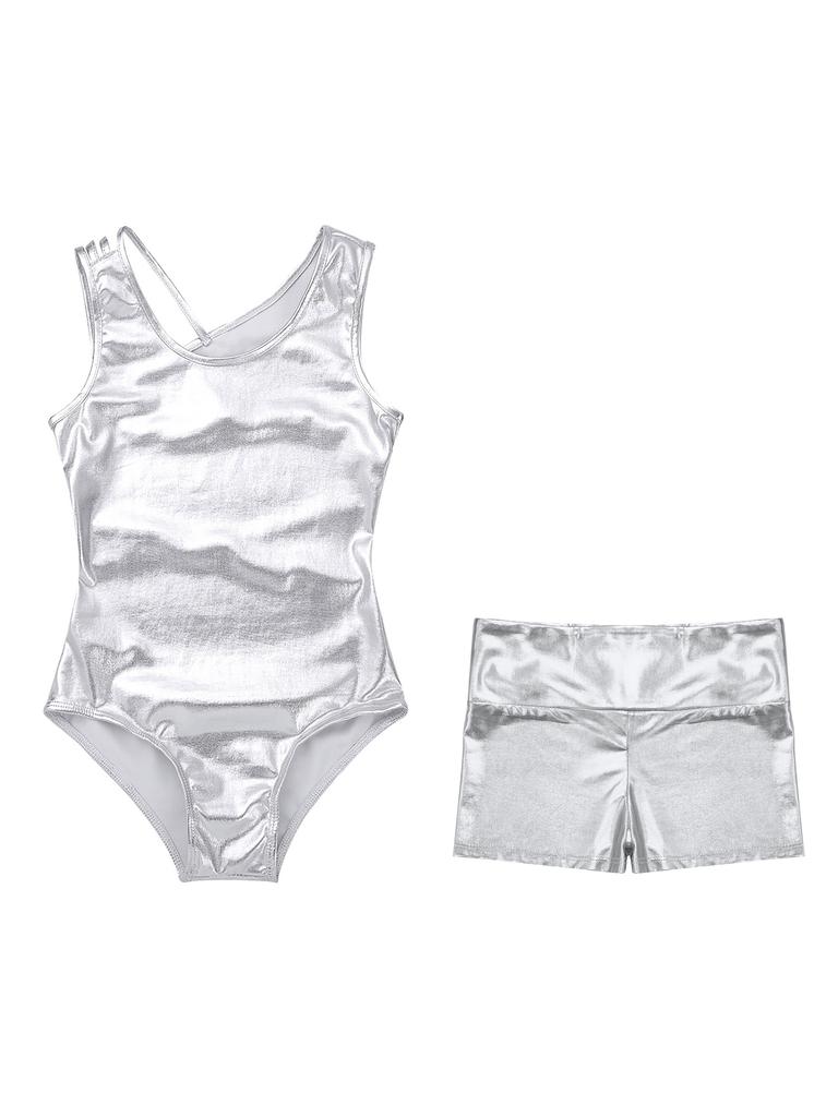Kinder-Mädchen-Gymnastik-Trikot, athletisch, ärmellos, glänzend, metallisch, Ballett-Tanz-Trikot mit Shorts-Set