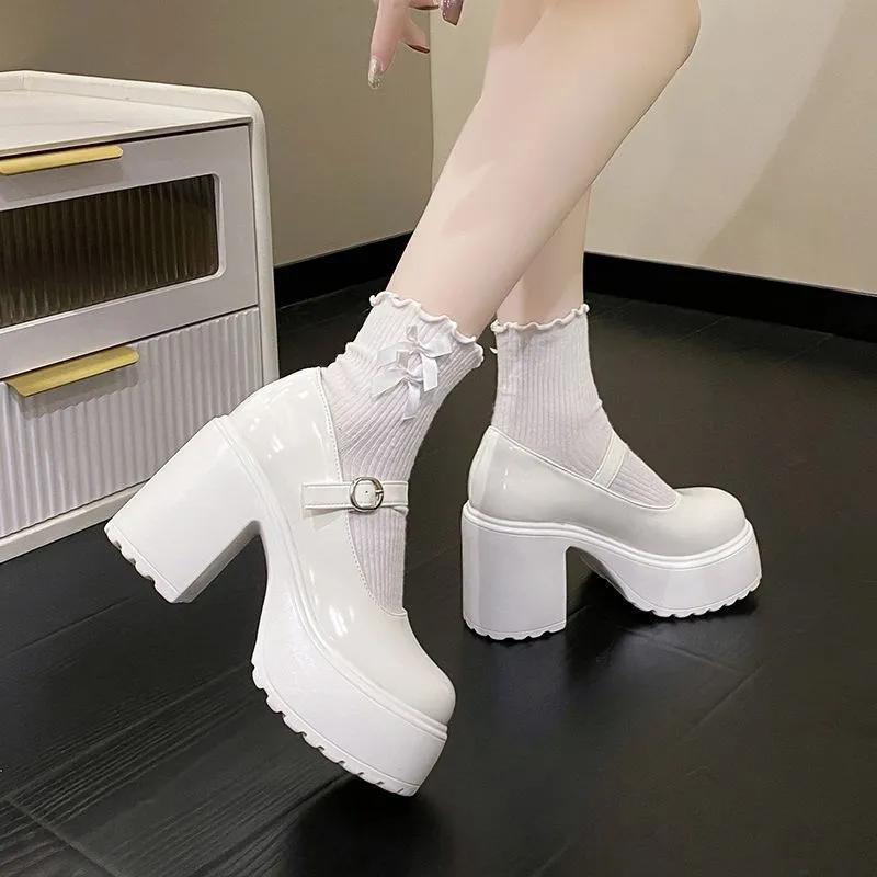 Autumn High Heels Mary Janes Shoes  Leather Heeled Shoes Woman Platform Ankle Strap Pumps for Women