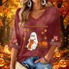 Women's Casual V-Neck Three-Quarter Sleeve Top with Halloween Print