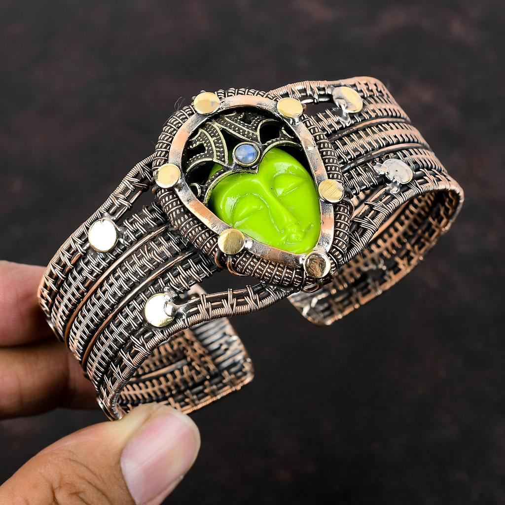 Green Carved Bone Face Cuff Bracelet Copper Wire Wrapped Bangle Adjustable Cuff Handmade Rainbow Moonstone Bangle Gemstone Jewelry For Gift