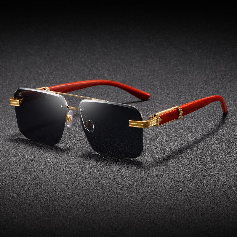Classic Retro Double Beam Wood Grain Glasses Legs Men'S And Women'S Sunglasses High Sense Fashion Trend Street Sunshade Glasses Frameless