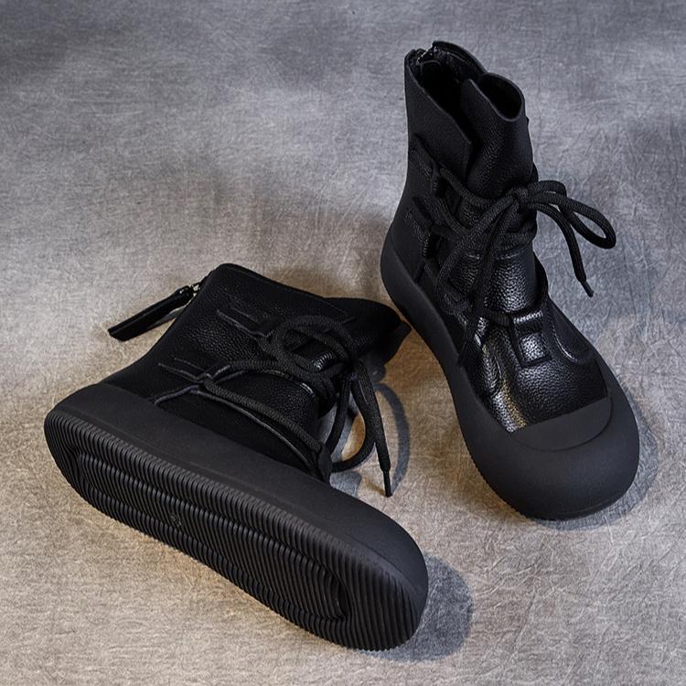 Johnature Handmade Vintage Mid-calf Boots Genuine Leather Women's Thick Soled Casual Versatile Short Boots