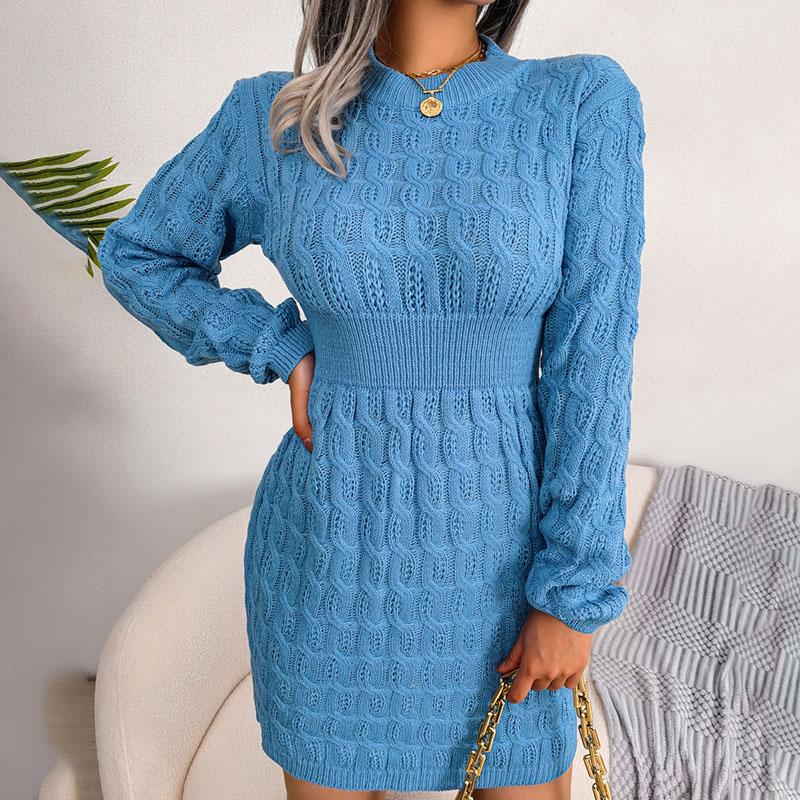 Autumn Winter Women's Solid Color Sweater Dress Casual Slim-fitting Sexy Bodycon Dress Crew Neck Knitted Dress