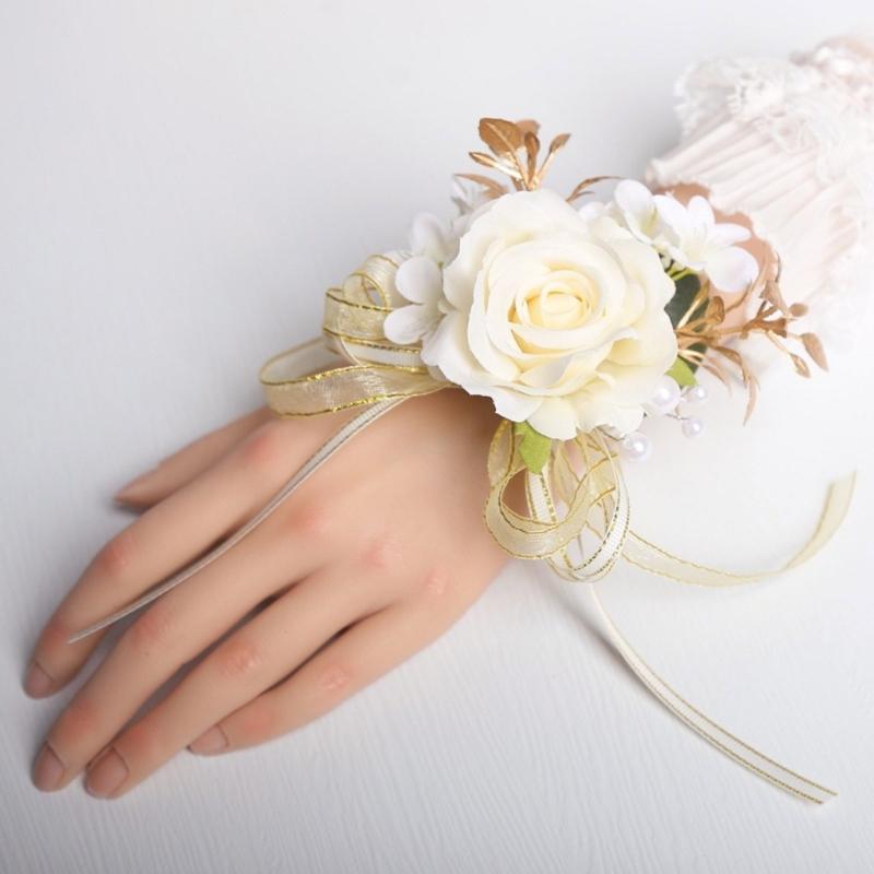 Wedding Boutonniere And Wristlet Set With Artificial Floral Design For Bridesmaids Grooms Formal Outfit