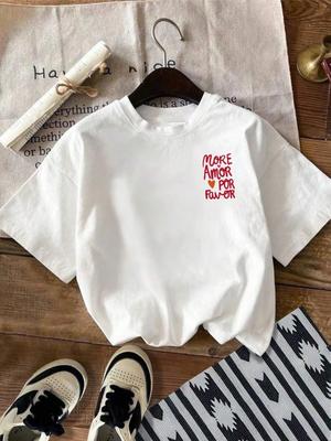 Women's Love Heart Letter Graphic Tee Casual Crew Neck Short Sleeve Top Creative Simplicity Summer Spring