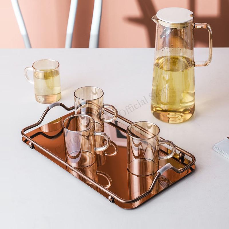 Nordic Creative Stainless Steel Tray Large Rectangle Luxury Tea Tray with Handle Tea Set Water Storage Trays Coffee Table Decor
