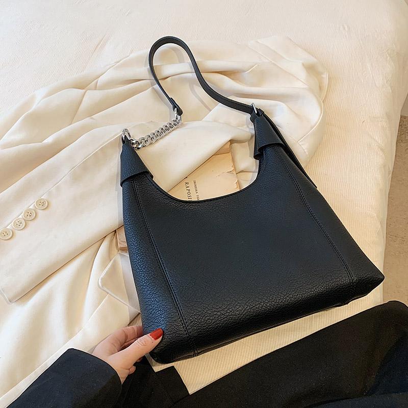 

Модная однотонная женская сумка на одно плечо из искусственной кожи, популярная текстурированная цепочка, универсальная женская сумка для подмышек для шопинга (20cm<Max Length<30cm)