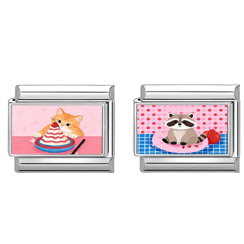 1/2pcs Cute Cat Looks at the cake Italian Charm Links Beads Fit 9mm Stainless Steel Modular Bracelet Jewelry Gift