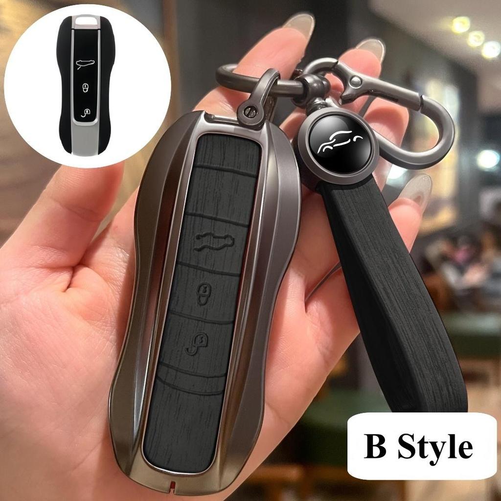 Luxury Genuine Leather for Porsche Boxster Cayman Panamera Cayenne Macan 718/911 Taycan Car Key Case Cover Protective Keychain