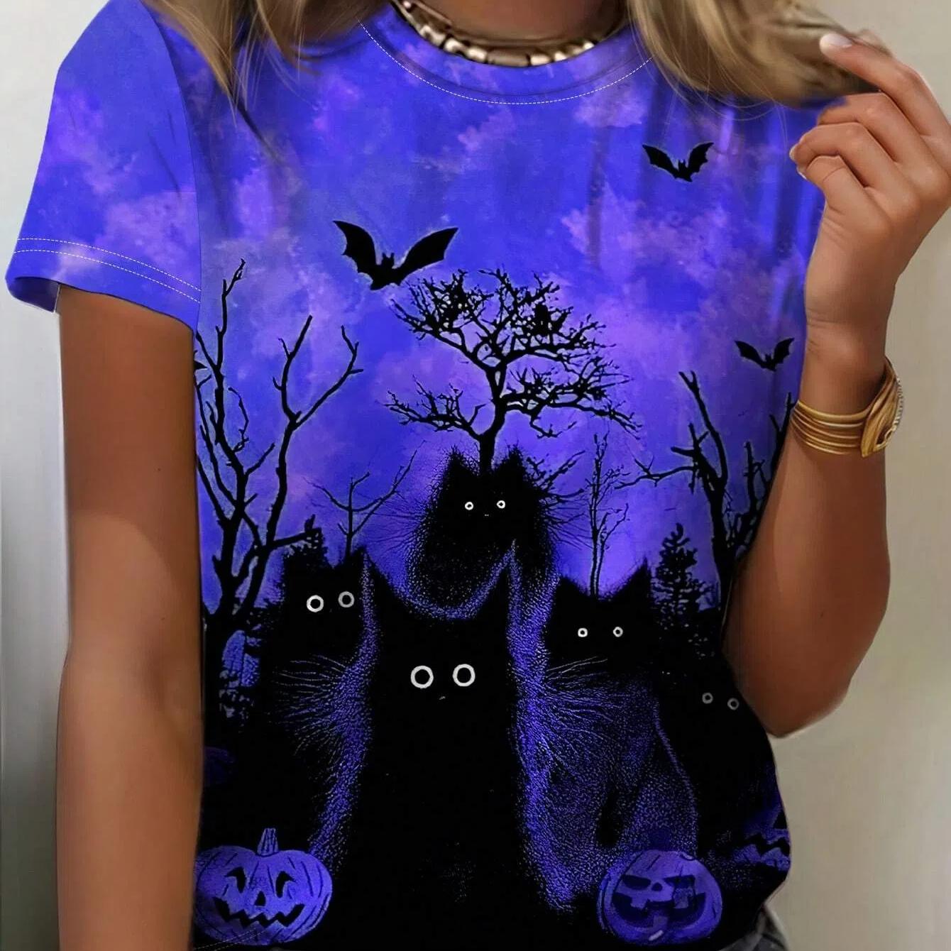 

Женская футболка с принтом тыкв и котов на Хэллоуин, женские футболки, свободная футболка, летняя женская одежда с коротким рукавом, мода 4XL