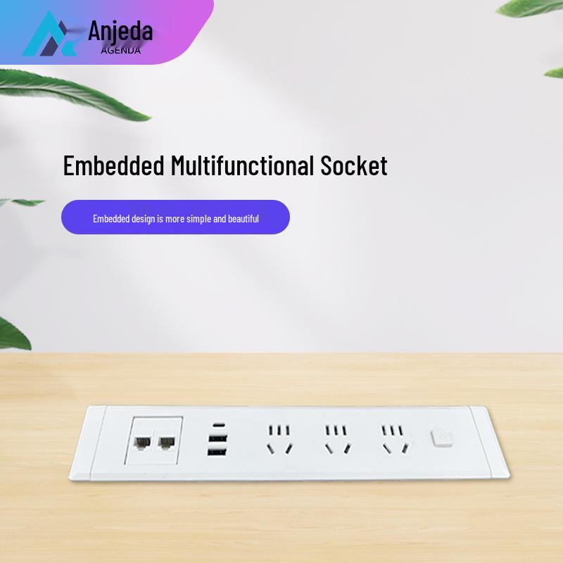 Desktop Recessed Socket with USB and Network Ports, Power Strip, and Switch for Office Desks