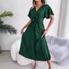 Women Cross V Neck Short Sleeve Solid High Waist Pleated Long Swing Dress