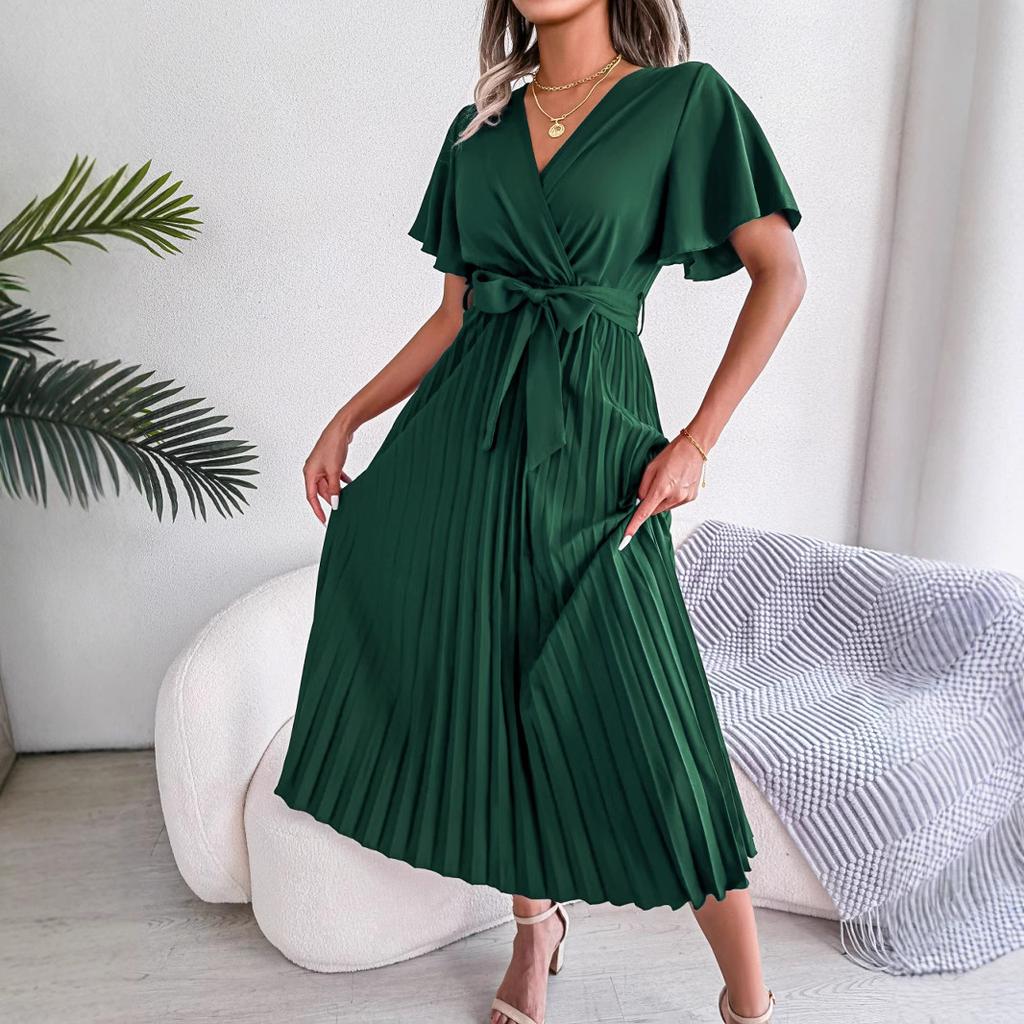 Women Cross V Neck Short Sleeve Solid High Waist Pleated Long Swing Dress