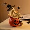 Spooky Desktop Ornament Cute Ghost Figurine, Sitting on Pumpkin Statue with Witch Halloween Gifts for Women Hat, Resin Tabletop Home Party Decor