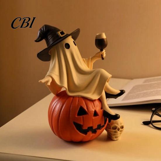 Spooky Desktop Ornament Cute Ghost Figurine, Sitting on Pumpkin Statue with Witch Halloween Gifts for Women Hat, Resin Tabletop Home Party Decor