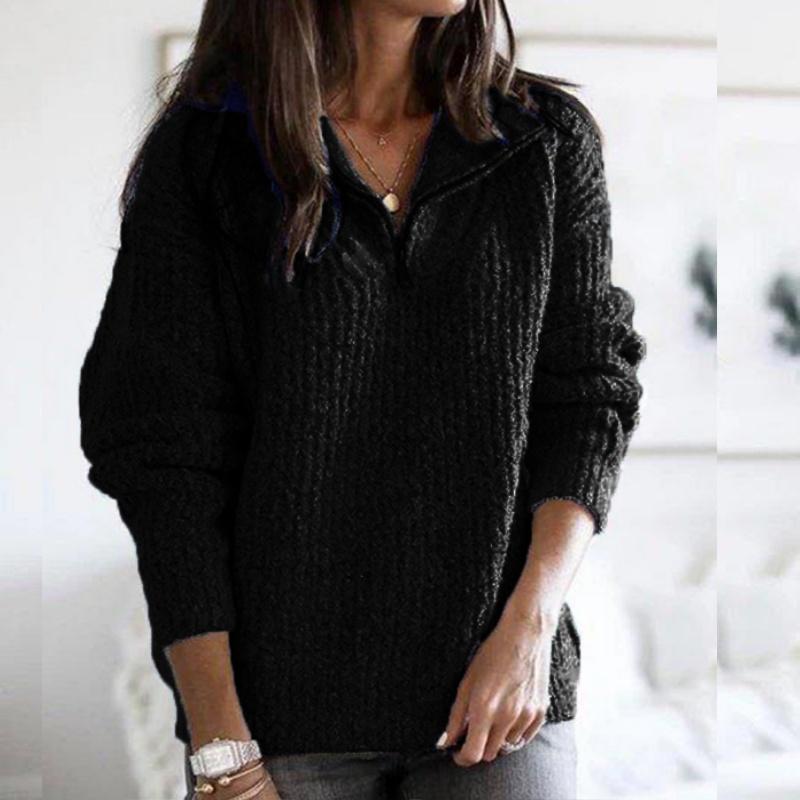 Moda Zimowa Kobiety Jesień Casualowy Jednolity Kolor Zamek Dekolt V Pulower Top Długi Rękaw Sweter Ciepły Płaszcz Swetry Casualowy Paskowany Sweter Dzianinowy Topy