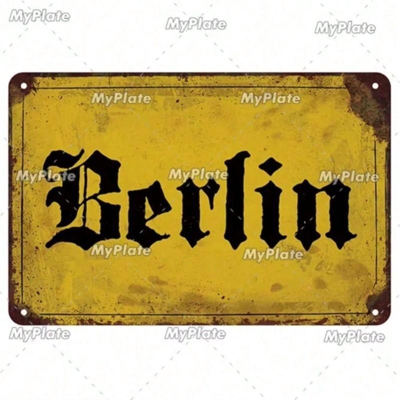 Metal Wall Art Berlin Vintage Sign, Retro Metal Poster for Garage Man Cave, Rustic Tin Sign Home Decor