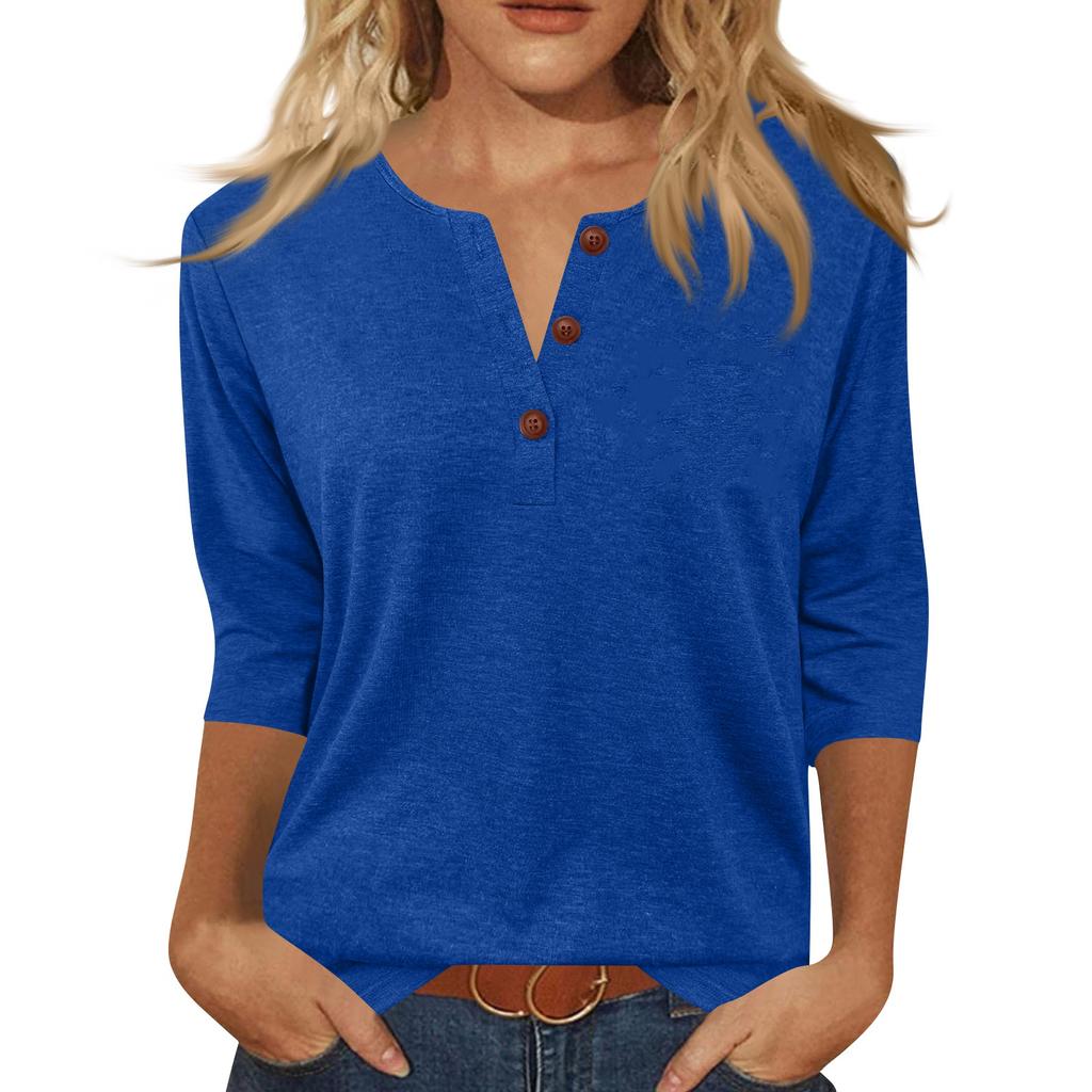 Women's Fashionable Casual Button-down Collar Three-quarter Sleeve T-shirt Top