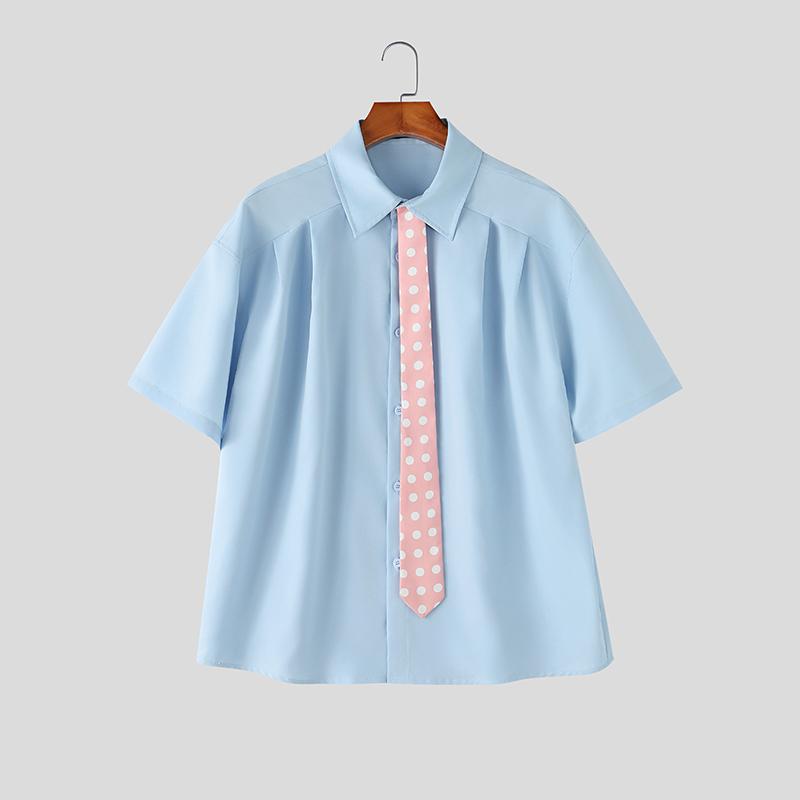 INCERUN Oversized Men Tie Neck Short Sleeve Button Up Casual Loose Shirts Tops
