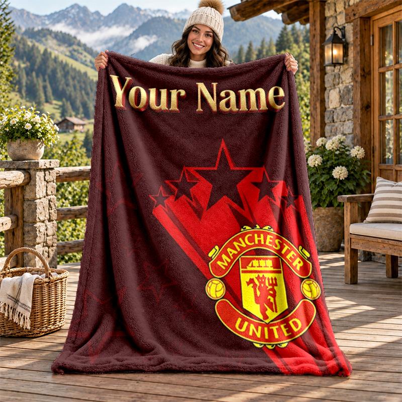 FC Manchester Custom Name Flannel Blanket Personalized Soft Warm Plush Throw Blanket Customized Gift for Family Friends