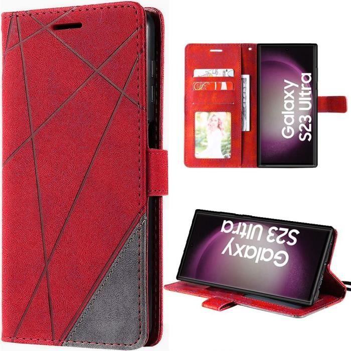 Coque folio - Samsung - Galaxy S23 Ultra - Rouge - Antichoc - Cuir PU Rétro